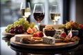 Food and wine assortment. Cheese, grape, meat and fruits on the wooden desk. Generative AI