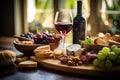 Food and wine assortment. Cheese, grape, meat and fruits on the wooden desk. Generative AI