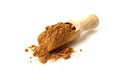 Wooden scoop, with cocao powder carob, on a white background,