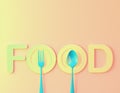 Food word sign logo with spoon and fork on gradient pastel orange colors background. minimal food concept. Cafe or restaurant embl