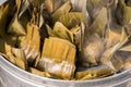 Food wrapped in banana leaves in steam pot, Traditional Thai style Royalty Free Stock Photo