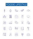 Foodie lifestyle line icons signs set. Design collection of Gourmet, Cuisine, Binging, Dieting, Cooking, Eating, Grazing