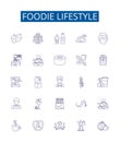 Foodie lifestyle line icons signs set. Design collection of Gourmet, Cuisine, Binging, Dieting, Cooking, Eating, Grazing