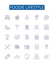 Foodie lifestyle line icons signs set. Design collection of Gourmet, Cuisine, Binging, Dieting, Cooking, Eating, Grazing