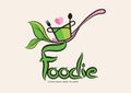 Foodies typography logo and spoon organic concept vector design, green leaf, icon Royalty Free Stock Photo