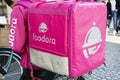 Foodora courier with backpack in Amsterdam