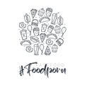 FoodPorn banner with FastFood dishes. Burger, French Fries, Soft Drinks and Coffee. Hand draw doodle background. Royalty Free Stock Photo