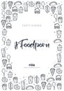 FoodPorn banner with FastFood dishes. Burger, French Fries, Soft Drinks and Coffee. Hand draw doodle background.