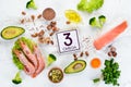 Foods containing omega 3. Vitamin Healthy foods: avocados, fish, shrimp, broccoli, flax, nuts, eggs, parsley. Top view. Royalty Free Stock Photo