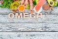 Foods containing omega 3. Vitamin Healthy foods: avocados, fish, shrimp, broccoli, flax, nuts, eggs, parsley. Top view. Royalty Free Stock Photo