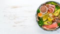 Foods containing omega 3. Vitamin Healthy foods: avocados, fish, shrimp, broccoli, flax, nuts, eggs, parsley. Top view. Royalty Free Stock Photo