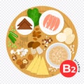 Foods containing vitamin B2 flat vector illustrations. Diet, healthy food and wellbeing concept. Royalty Free Stock Photo