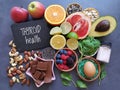 Foods for healthy thyroid, assortment of natural products to boost thyroid health, diet concept