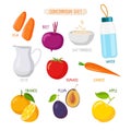 Foods That Help Relieve Constipation. Healthy nutrition Rules. Fruits, vegetables, drinks. Vector illustration isolated