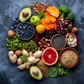 Foods high in antioxidants, anthocaynins, vitamins, minerals and dietary fibre. Top view Royalty Free Stock Photo