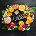 Foods high in carbohydrates: bread, pasta, avocado, flour, pumpkin, broccoli, beans, spinach. The concept of healthy eating.