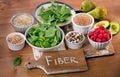 Foods rich in Fiber on a wooden table. Royalty Free Stock Photo