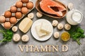 Foods Rich In Vitamin D. Products high in vitamin D. Top view, flat lay, lettering Royalty Free Stock Photo