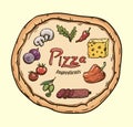 Foodstuffs. Ingredients for pizza. Color vector illustration on beige