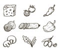 Foodstuffs. Ingredients for pizza. Set of vector sketches on white