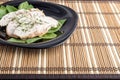 Foodstyle background with three slices of baked chicken on a black plate Royalty Free Stock Photo