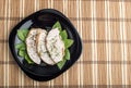 Foodstyle background with three slices of roasted chicken on a b Royalty Free Stock Photo