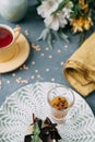 Foodstyling with tea on wooden background