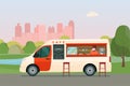 Foodtrack van with a seller in a medical mask isolated. Cafe on wheels. Vector illustration