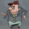 Fooling around cartoon smiling funny man in tailcoat and cap