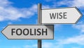 Foolish and wise as a choice - pictured as words Foolish, wise on road signs to show that when a person makes decision he can