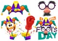 Fools cap smile on spring. Funny glasses nose. April Fools Day lettering text for greeting card. 1 April Fools Day