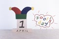 Fools` Day, date April 1 on wooden calendar