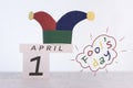 Fools` Day, date April 1 on wooden calendar