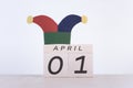 Fools` Day, date April 1 on wooden calendar