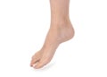 Foot and ankle joint isolated on a white background. Bare foot is on the floor. Leg front view for measurements, banners