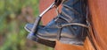 Foot of the athlete in a stirrup astride a horse, the foot of the rider Royalty Free Stock Photo