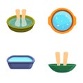 Foot bath icons set cartoon . Female feet soaking in bowl with water Royalty Free Stock Photo