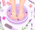 Foot bath, pedicure flat vector illustration. Woman feet in water and cosmetic equipment closeup top view. Female Royalty Free Stock Photo