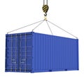 20-Foot Blue Shipping Container Hanging on a Crane Hook Royalty Free Stock Photo