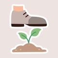 Foot in a boot stepping on a green plant in the ground. Environmental damage concept. Vector isolated sticker