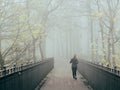 Foot bridge in the fog in the fall. Gomel, Belarus