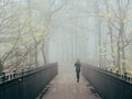 Foot bridge in the fog in the fall. Gomel, Belarus