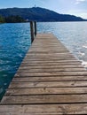 a foot bridge into the lake