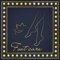 Foot care logo. Pedicure logo in gold. Golden silhouette of female legs and lotus flower on a dark blue background.