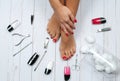 Beautiful female feet at spa salon on pedicure procedure Royalty Free Stock Photo