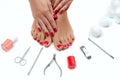 Beautiful female feet at spa salon on pedicure procedure Royalty Free Stock Photo