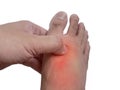 Foot with extensor tendonitis, hand rubbing feet, suffer from pain. Health and medical