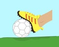 Foot in a football boot on a ball composition. Soccer player step on a ball laying on the stadium grass.