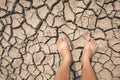 Foot on Ground cracks drought crisis environment Royalty Free Stock Photo