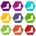 Foot heel icon set color hexahedron